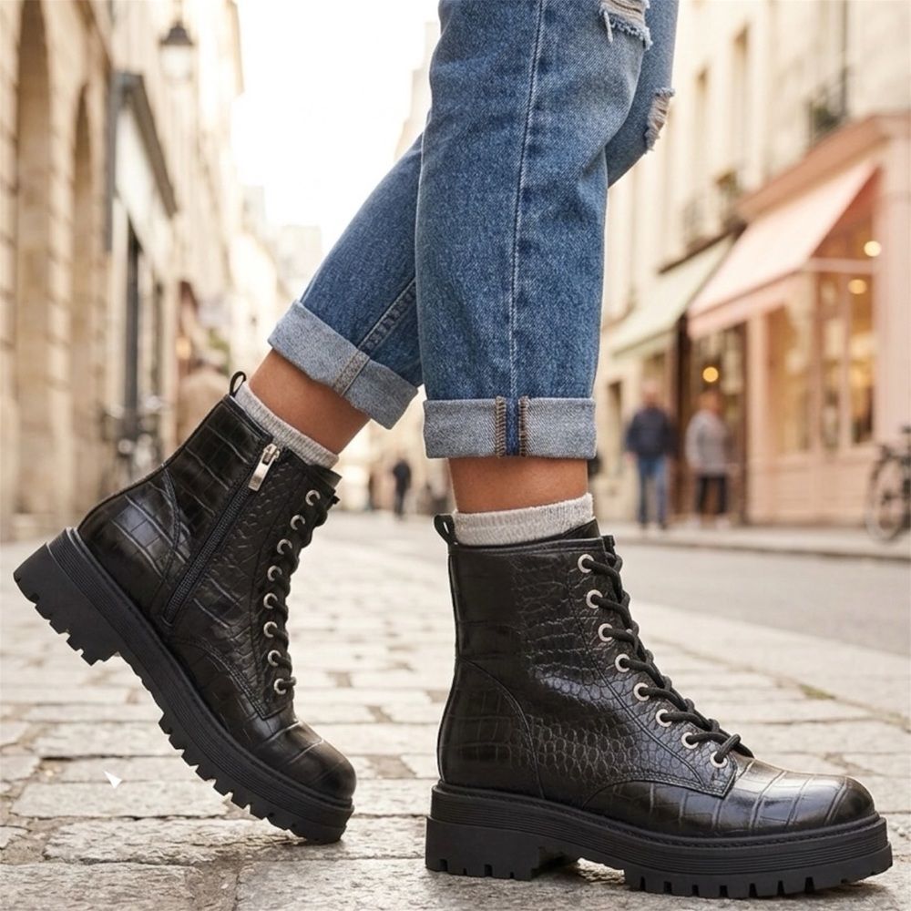 Nine West Piercy Combat Lace Up Ankle Boots Womens Sz 9 M Black Side Zip Grunge